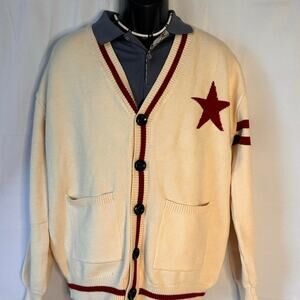 Steady Hands Varsity Cardigan Sweater Cream Red Star Stripe Preppy Indie S/M